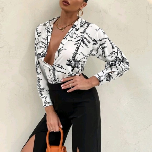 Graphic Print Button Front Blouse - Picture 5 of 7